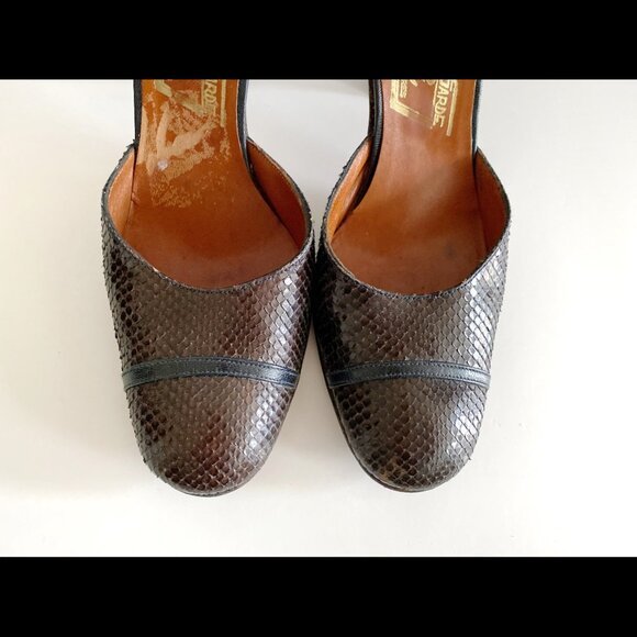 Vintage Brown Snakeskin Mary Jane Heels Ankle Strap 6.5 - Picture 2 of 8